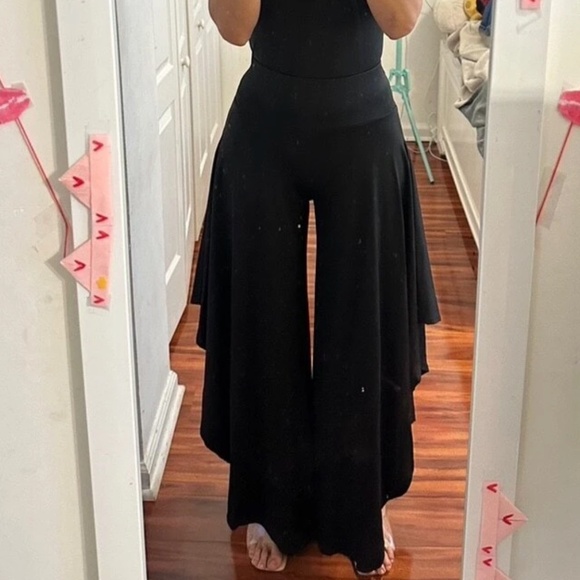 Solid Black High Waisted Stretchy Wide Leg Ruffle Pants - Picture 1 of 6
